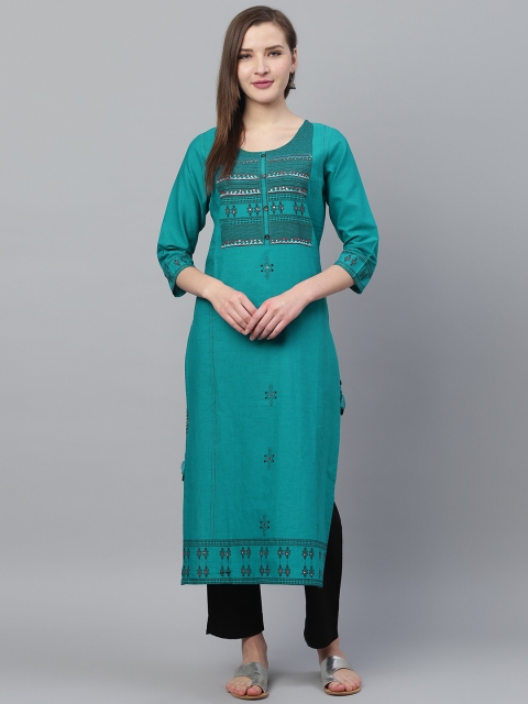 

Ishin Women Teal Blue & Black Block Print Kurta with Trousers