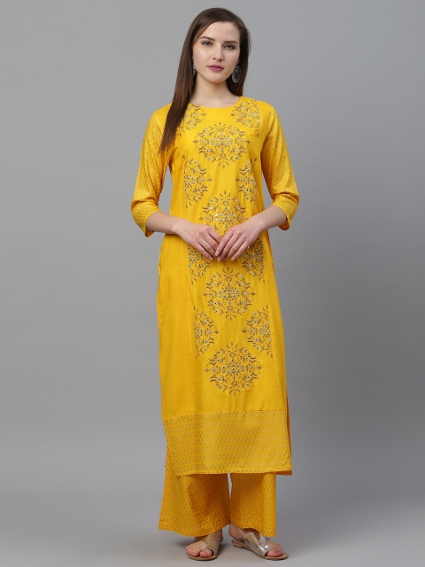 

Ishin Women Mustard Yellow & Golden Foil Print Kurta with Palazzos