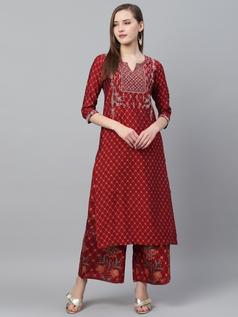 

Ishin Women Maroon & Orange Zari Embroidered Yoke Design & Printed Kurta with Palazzos