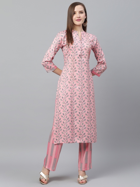 

Ishin Women Pink & Grey Printed Kurta with Trousers