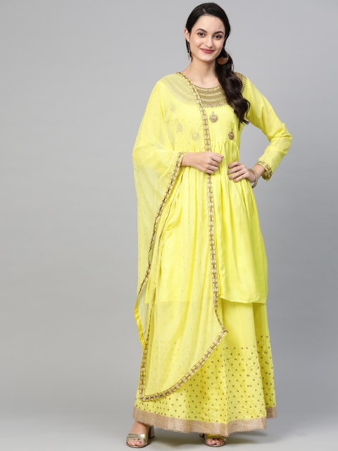 

Ishin Women Lime Green & Golden Embellished Kurta with Skirt & Dupatta