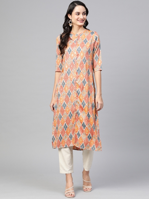 

Ishin Women Pink & Blue Ikat Print Straight Kurta
