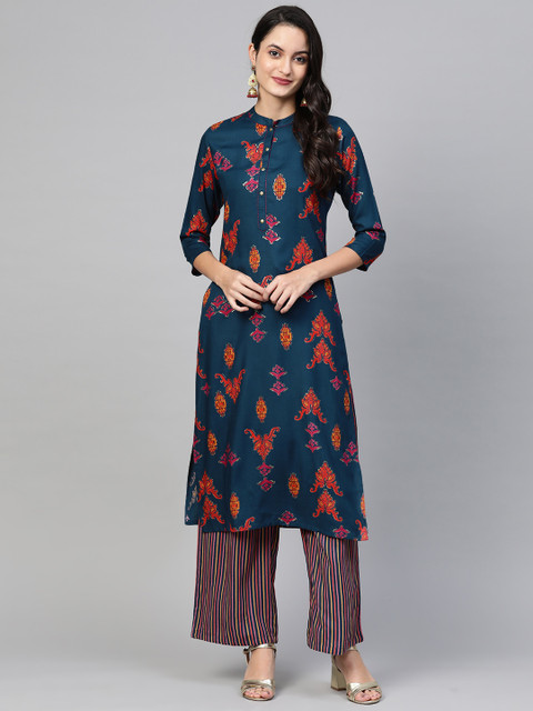 

Ishin Women Navy Blue & Rust Orange Ethnic Print Kurta with Palazzos