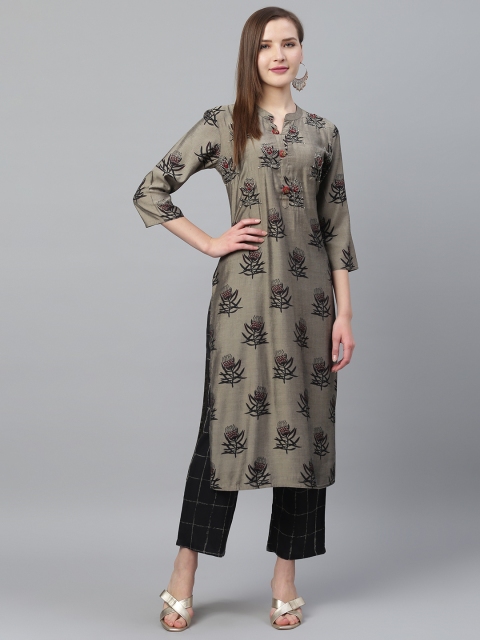 

Ishin Women Grey & Black Block Print Kurta with Trousers
