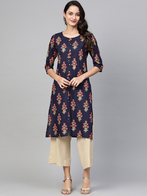 

Ishin Women Navy Blue & Beige Floral Print Straight Kurta