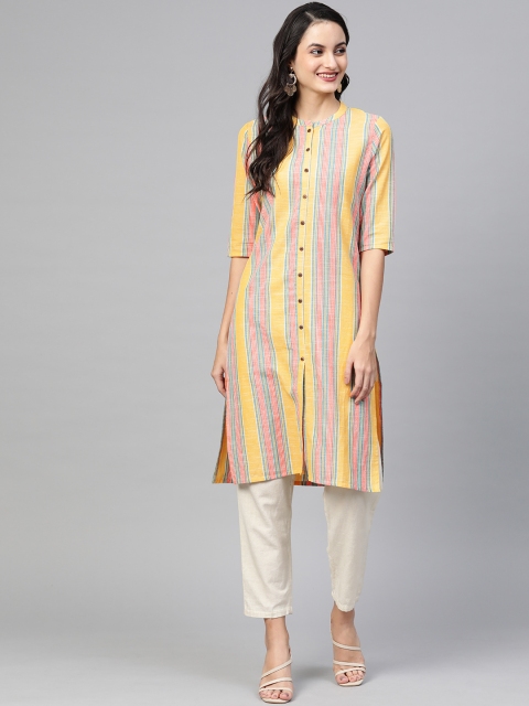 

Ishin Women Yellow & Blue Striped Straight Kurta