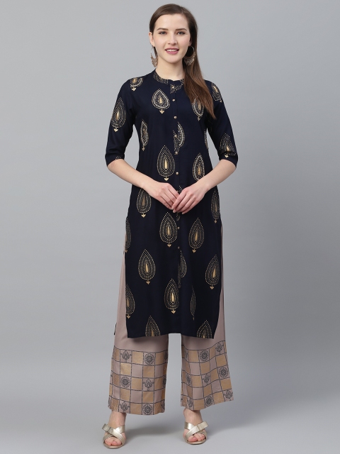 

Ishin Women Navy Blue & Taupe Foil Print Kurta with Palazzos