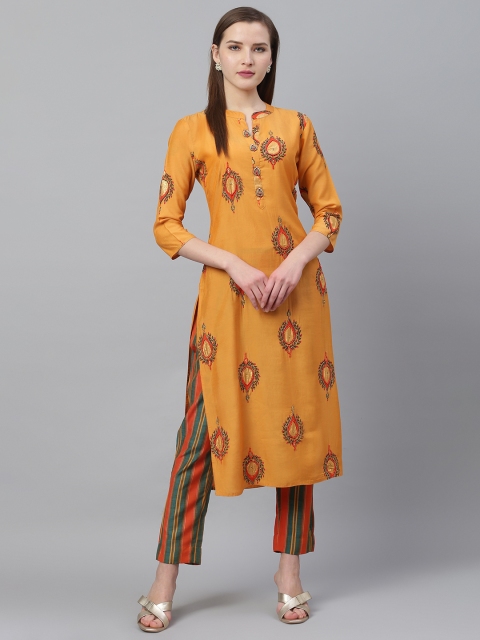 

Ishin Women Mustard Yellow & Orange Foil Print Kurta with Trousers