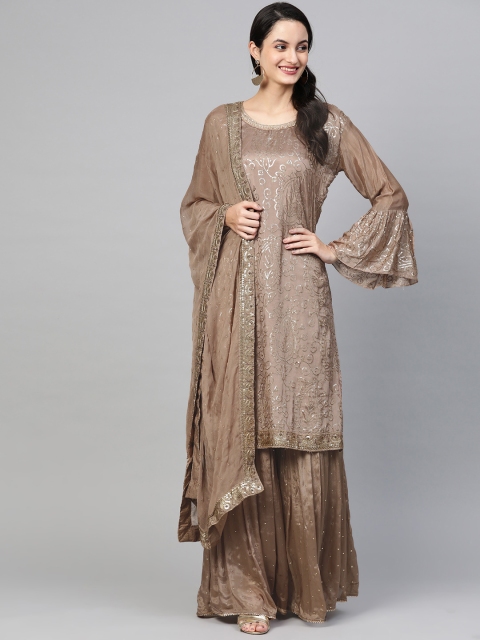 

Ishin Women Brown & Golden Embellished Kurta with Sharara & Dupatta