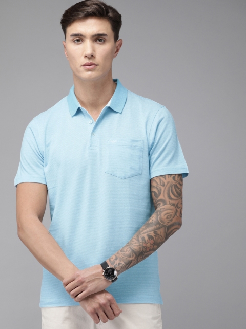 

Park Avenue Men Blue & White Slim Fit Self Design Pure Cotton Polo Collar T-shirt