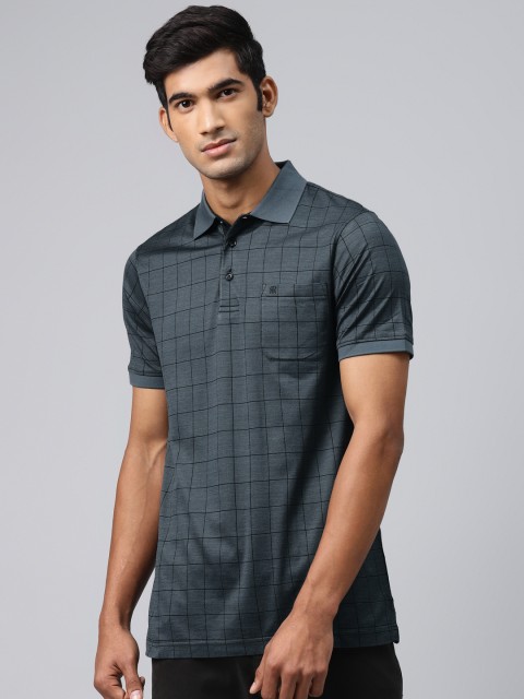

Raymond Men Charcoal Grey & Black Checked Supima Cotton Polo Collar T-shirt