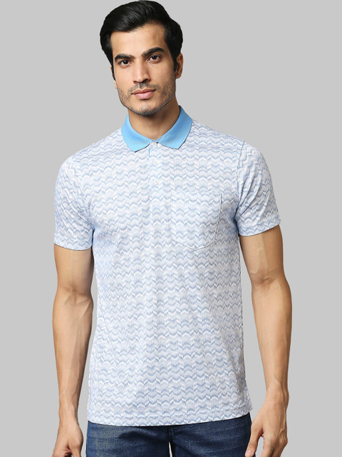 

Park Avenue Men Blue & White Printed Polo Collar Pure Cotton Pockets T-shirt