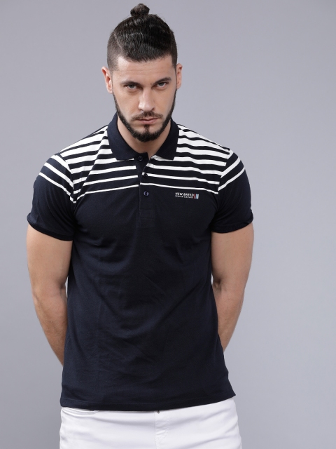 

The Indian Garage Co Men Navy Blue Striped Polo Collar T-shirt