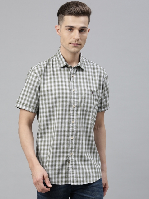 

Louis Philippe Jeans Men Olive Green & White Slim Fit Checked Casual Shirt