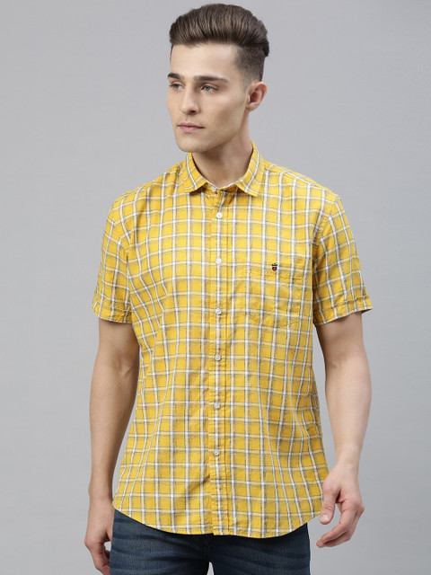 

Louis Philippe Jeans Men Yellow & White Slim Fit Checked Casual Shirt