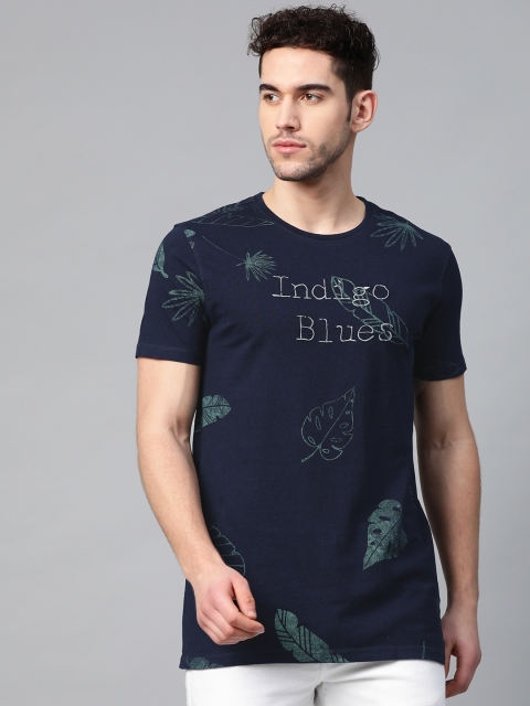 

Louis Philippe Jeans Men Navy Blue Green Printed Round Neck Pure Cotton T-shirt