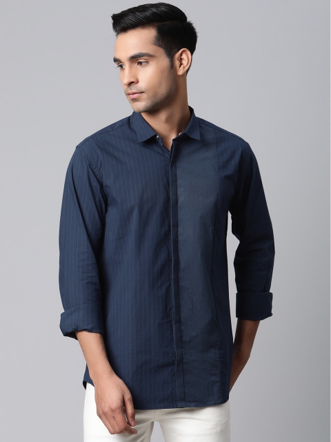 

Park Avenue Men Navy Blue Panelled Slim Fit Striped Casual Shirt