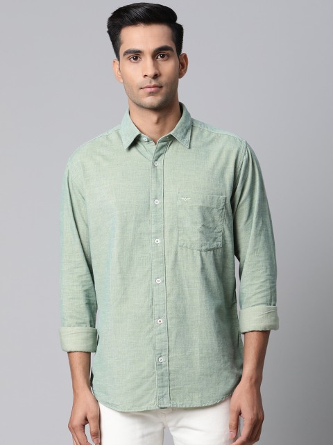 

Park Avenue Men Green Cotton Corduroy Slim Fit Self-Striped Casual Shirt