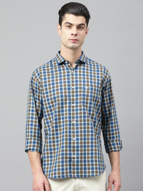 

Park Avenue Men Blue & Olive Brown Slim Fit Checked Casual Shirt