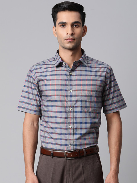 

Park Avenue Men Grey & Navy Blue Regular Fit Checked Formal Shirt
