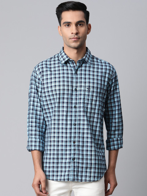 

Park Avenue Men Blue Cotton Slim Fit Checked Casual Shirt