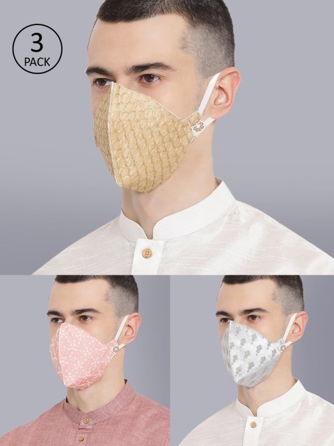 

VASTRAMAY Adults Pack Of 3 Printed 4-Ply Reusable Cloth Masks, Gold