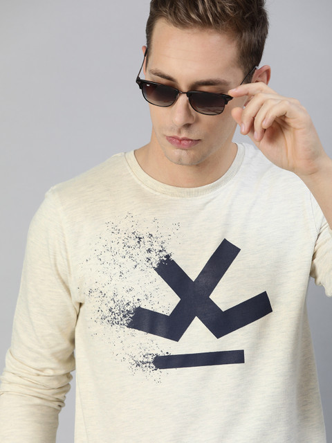 

WROGN Men Cream-Coloured & Navy Blue Slim Fit Printed Sweatshirt