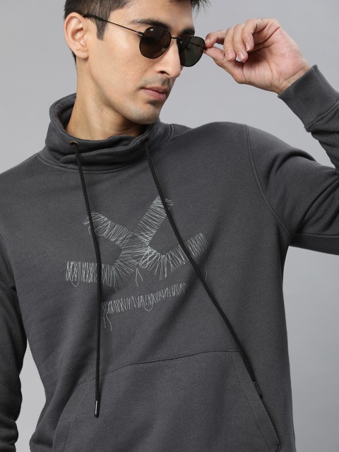 

WROGN Men Charcoal Grey Printed Slim Fit Hooded Sweatshirt