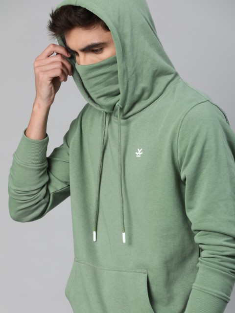 

WROGN Men Olive Green Solid Hooded Sweatshirt