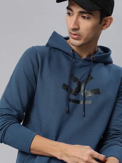 

WROGN Men Teal Blue Printed Slim Fit Hooded Sweatshirt