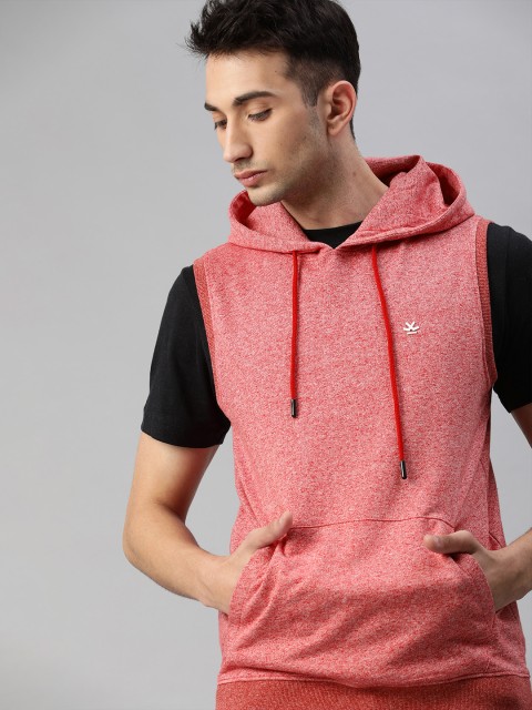 

WROGN Men Red Melange Solid Slim Fit Hooded Sweatshirt