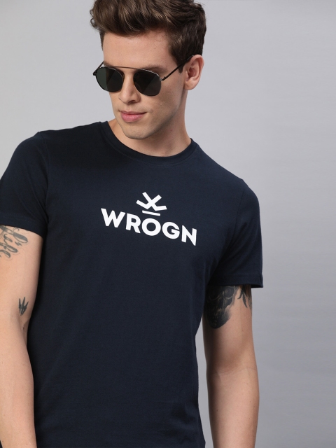 

WROGN Men Navy Blue Printed Slim Fit Round Neck T-shirt