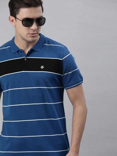 

WROGN Men Blue White Striped Polo Collar Pure Cotton T-shirt
