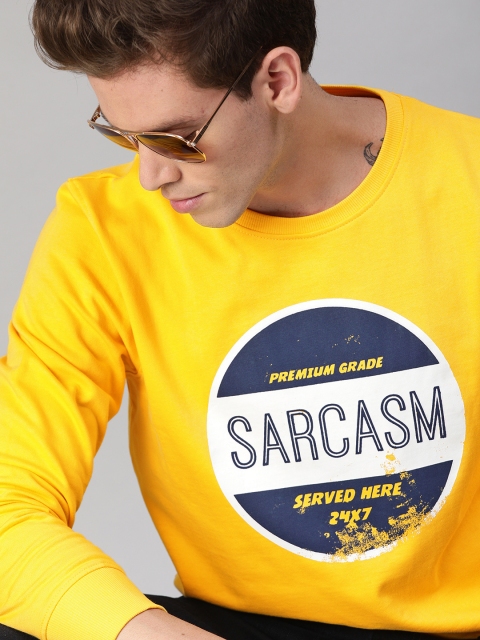 

WROGN Men Yellow Slim Fit Printed Round Neck Sweatshirt