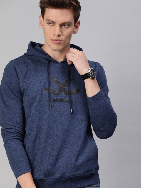 

WROGN Men Navy Blue Printed Slim Fit Hood Sweatshirt
