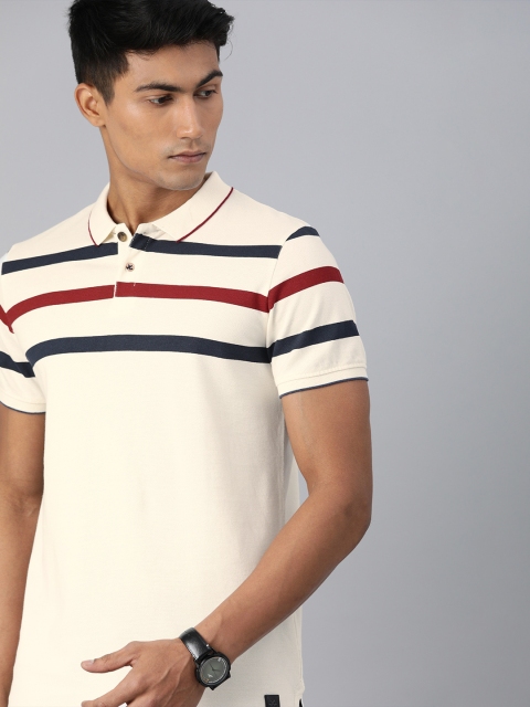 

WROGN Men Off-White & Navy Blue Slim Fit Striped Polo Collar T-shirt