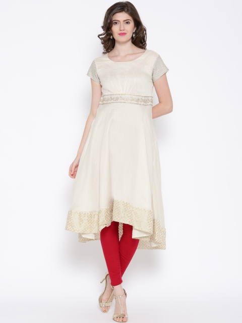 

BIBA Cream-Coloured Embroidered Detail Anarkali Asymmetric Kurta
