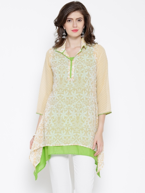

BIBA Off-White & Peach-Coloured Polyester Printed A-Line Asymmetric Kurta