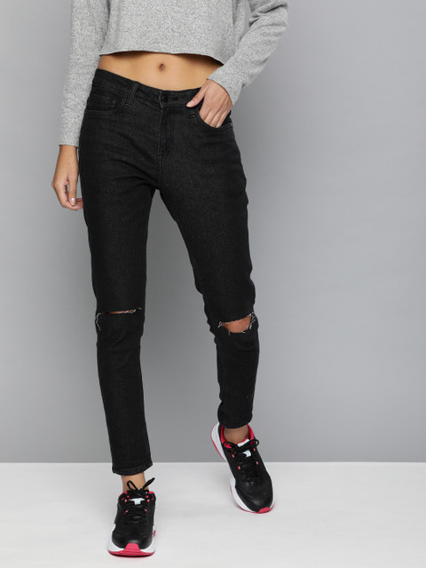 

Harvard Women Black Skinny Fit Mid-Rise Slash Knee Stretchable Jeans