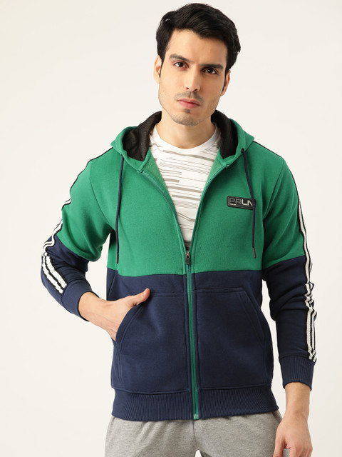 

Proline Active Men Green & Navy Blue Colourblocked Hooded Sweatshirt