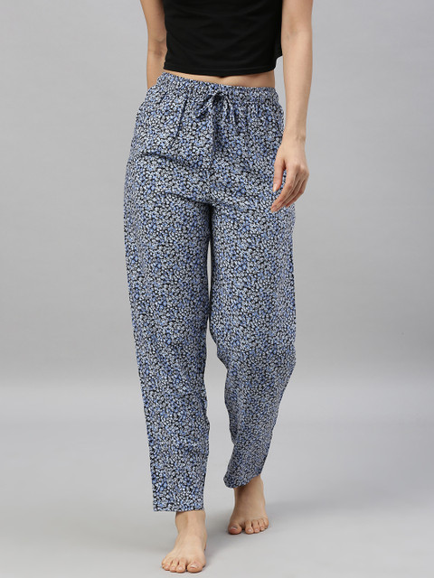

Go Colors Women Black & Blue Floral Printed Lounge Pants