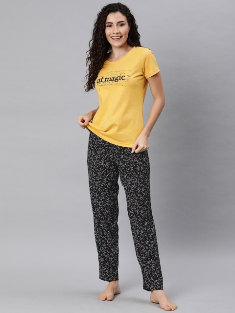 

Go Colors Women Black & Yellow Floral Printed Night suit