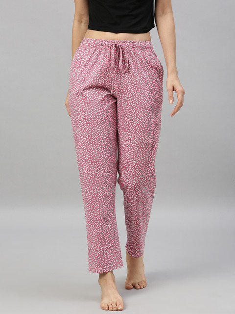 

Go Colors Women Coral Pink & White Floral Printed Lounge Pants