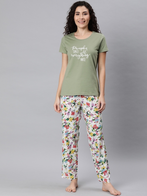 

Go Colors Women White & Olive Green Floral Printed Night suit