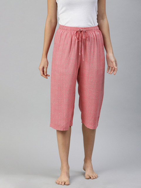 

Go Colors Women Coral Pink & White Printed Loose Fit Lounge Pants