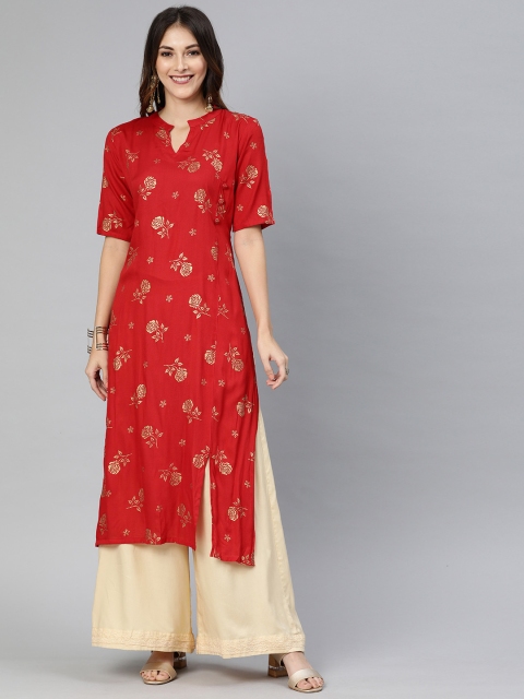 

Swishchick Women Red & Gold-Toned Foil Printed Straight Kurta