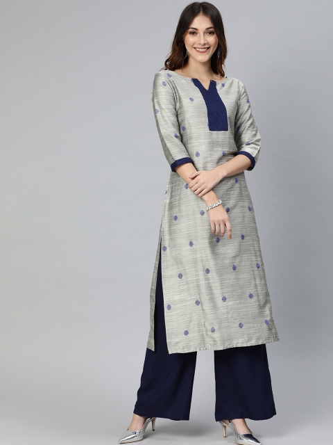 

Swishchick Women Grey & Blue Woven Design Straight Kurta