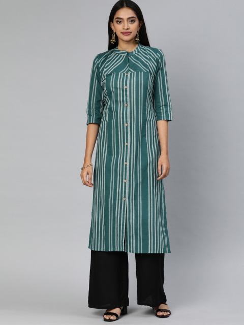 

Swishchick Women Teal Green & Grey Striped Straight Kurta