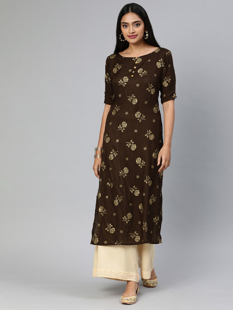 

Swishchick Women Brown & Gold-Toned Printed Straight Kurta