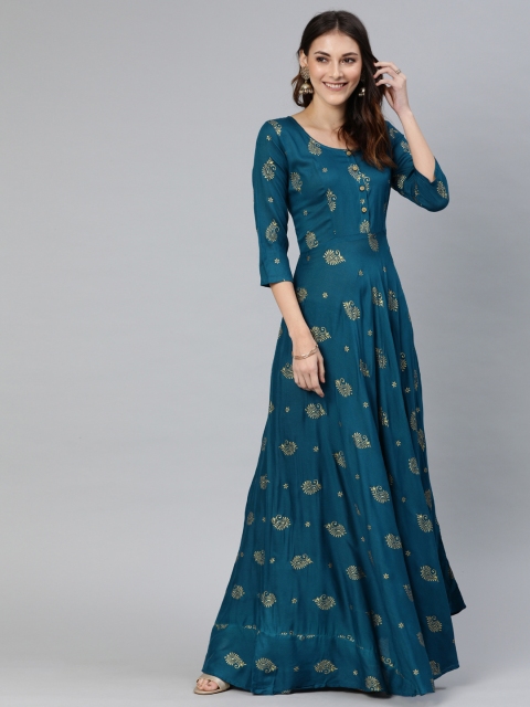 

Swishchick Women Teal Printed Fit and Flare Dress